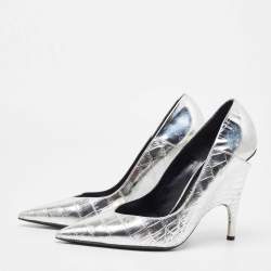 Tom Ford Silver Croc Embossed Leather Wedge Pumps Size 40