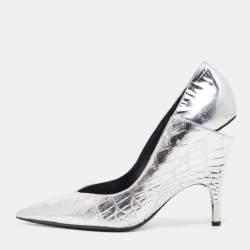 Tom Ford Silver Croc Embossed Leather Wedge Pumps Size 40