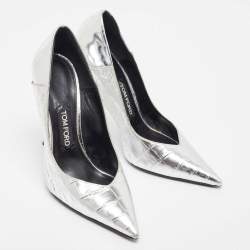 Tom Ford Silver Croc Embossed Leather Wedge Pumps Size 40