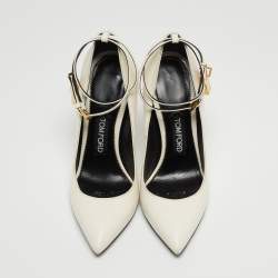 Pre Owned Tom Ford White Leather Padlock Ankle Wrap Pumps Size 39.5