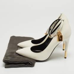 Pre Owned Tom Ford White Leather Padlock Ankle Wrap Pumps Size 39.5