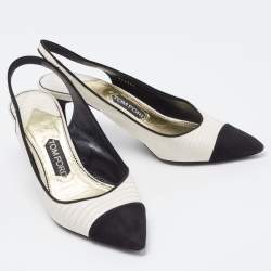 Tom Ford White/Black Embossed Lizard and Suede Slingback Pumps Size 40