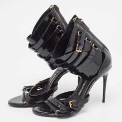 Pre Owned Tom Ford Black Patent Leather Triple Buckle Ankle Cuff Sandals Size 38