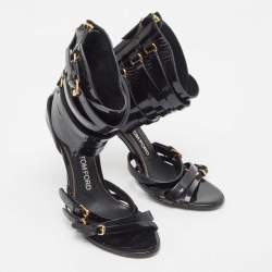 Pre Owned Tom Ford Black Patent Leather Triple Buckle Ankle Cuff Sandals Size 38