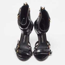 Pre Owned Tom Ford Black Patent Leather Triple Buckle Ankle Cuff Sandals Size 38