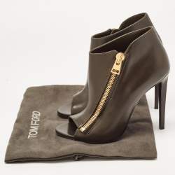 Tom Ford Olive Green Leather Zip Up Open Toe Ankle Booties Size 39