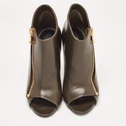 Tom Ford Olive Green Leather Zip Up Open Toe Ankle Booties Size 39