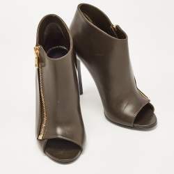 Tom Ford Olive Green Leather Zip Up Open Toe Ankle Booties Size 39