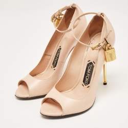 Pre Owned Tom Ford Beige Leather Peep Toe Padlock Pumps Size 36.5