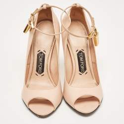 Pre Owned Tom Ford Beige Leather Peep Toe Padlock Pumps Size 36.5