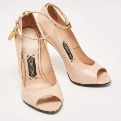 Pre Owned Tom Ford Beige Leather Peep Toe Padlock Pumps Size 36.5