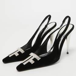 Pre Owned Tom Ford Black Velvet Crystal Embellished TF Slingback Pumps Size 37