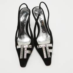 Pre Owned Tom Ford Black Velvet Crystal Embellished TF Slingback Pumps Size 37