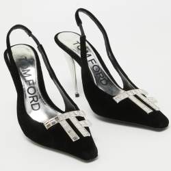 Pre Owned Tom Ford Black Velvet Crystal Embellished TF Slingback Pumps Size 37