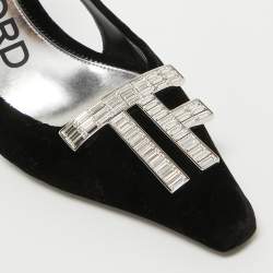 Pre Owned Tom Ford Black Velvet Crystal Embellished TF Slingback Pumps Size 37