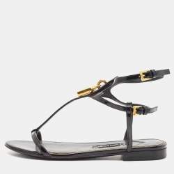 Pre Owned Tom Ford Black Patent Leather T Strap Padlock Flat Sandals Size 37.5