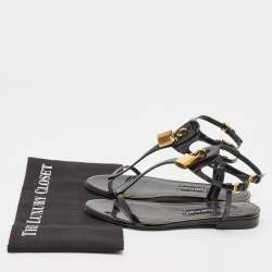 Pre Owned Tom Ford Black Patent Leather T Strap Padlock Flat Sandals Size 37.5