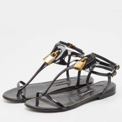 Pre Owned Tom Ford Black Patent Leather T Strap Padlock Flat Sandals Size 37.5
