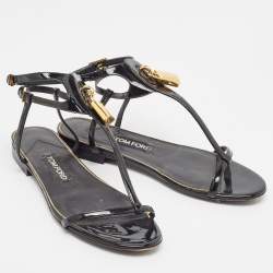 Pre Owned Tom Ford Black Patent Leather T Strap Padlock Flat Sandals Size 37.5