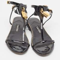 Pre Owned Tom Ford Black Patent Leather T Strap Padlock Flat Sandals Size 37.5