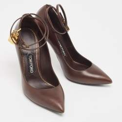 Tom Ford Brown Leather Padlock Ankle Wrap Pumps Size 39