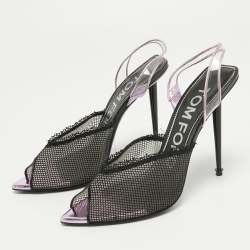 Pre Owned Tom Ford Pink/Black Mesh and PVC Peep Toe Slingback Sandals Size 38.5