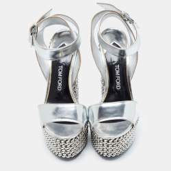 Pre Owned Tom Ford Sliver Leather Platform Ankle Strap Sandals Size 37