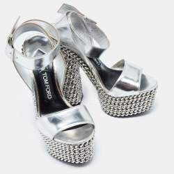 Pre Owned Tom Ford Sliver Leather Platform Ankle Strap Sandals Size 37