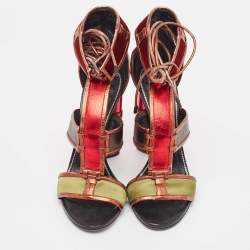 Pre Owned Tom Ford Multicolor  Leather and Denim Patchwork Ankle Strap Sandals Size 36.5