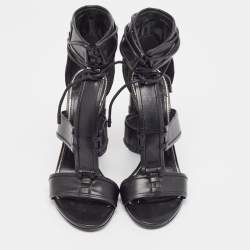 Tom Ford Black Paneled Leather Patchwork Ankle Strap Sandals Size 36.5