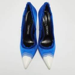 Pre Owned Tom Ford Blue/White Fringed Satin Pointed Toe Pumps Size 39.5