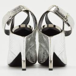 Tom Ford Silver Python Embossed Leather Ankle Strap Pumps Size 38