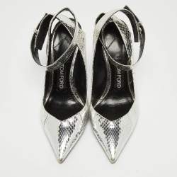 Tom Ford Silver Python Embossed Leather Ankle Strap Pumps Size 38