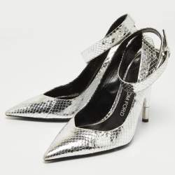 Tom Ford Silver Python Embossed Leather Ankle Strap Pumps Size 38