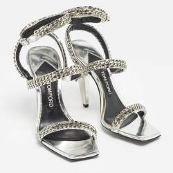 Tom Ford Metallic Silver Leather Chain Embellished Ankle Strap Sandals Size 39