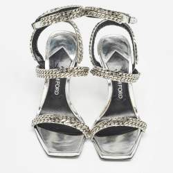 Tom Ford Metallic Silver Leather Chain Embellished Ankle Strap Sandals Size 39