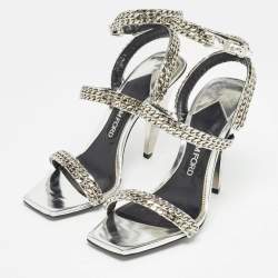 Tom Ford Metallic Silver Leather Chain Embellished Ankle Strap Sandals Size 39