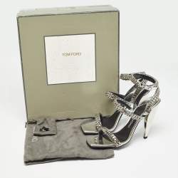 Tom Ford Metallic Silver Leather Chain Embellished Ankle Strap Sandals Size 39