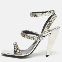 Tom Ford Metallic Silver Leather Chain Embellished Ankle Strap Sandals Size 39