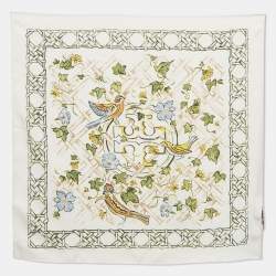 Pre Owned Tory Burch Cream Painted Caning with Birds Silk Neckerchief