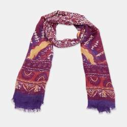 Pre Owned Tory Burch Purple/Pink Printed Linen Blend Scarf 