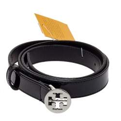 Tory Burch Black Patent Leather Reva Logo Narrow Belt 95CM
