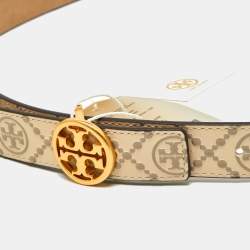 Pre Owned Tory Burch Beige Embossed Logo Leather Large Logo Belt 95CM