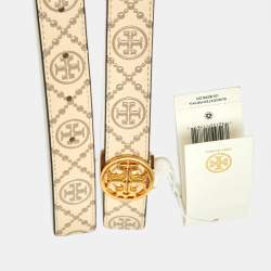 Pre Owned Tory Burch Beige Embossed Logo Leather Large Logo Belt 95CM