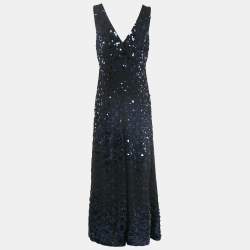 Tory Burch Black Sequin Embellished Crepe Sleeveless Maxi Dress M