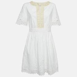 Tory Burch White Cotton Lace Trimmed Larissa Mini Dress S