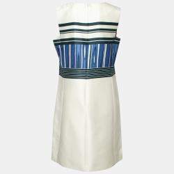 Pre Owned Tory Burch Indigo Plaited Engineered Stripe Cotton Silk Mikado Dress S 