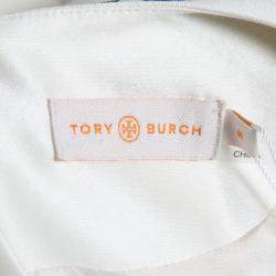 Pre Owned Tory Burch Indigo Plaited Engineered Stripe Cotton Silk Mikado Dress S 