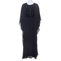Tory Burch Navy Blue Silk Embroidered Detail Kaftan S