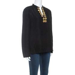 Tory Burch Black Embossed Silk Embellished Tunic Top M 